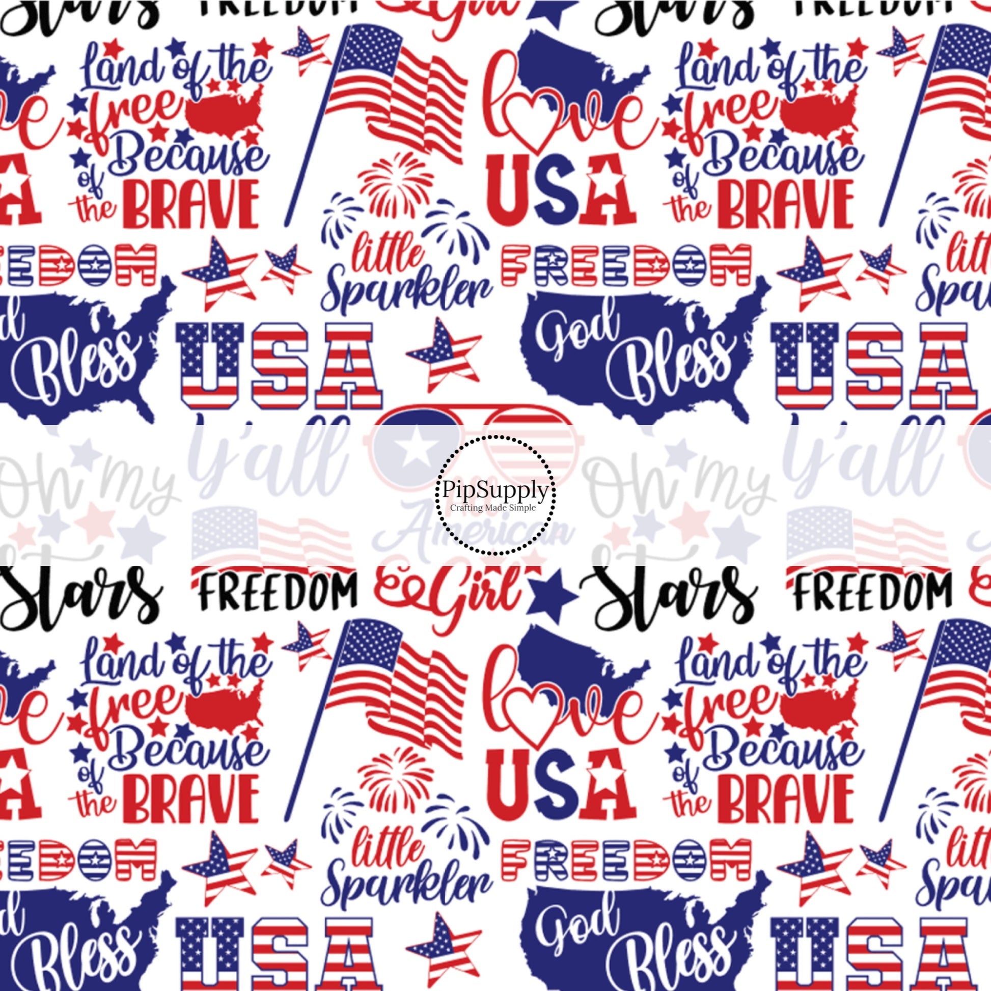 Stars and stripes, fireworks, sayings, and flags on white bow strips