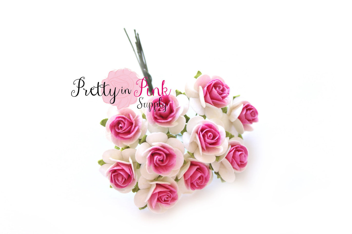 3/4" White with Hot Pink Center Premium Paper Flowers - Pretty in Pink Supply