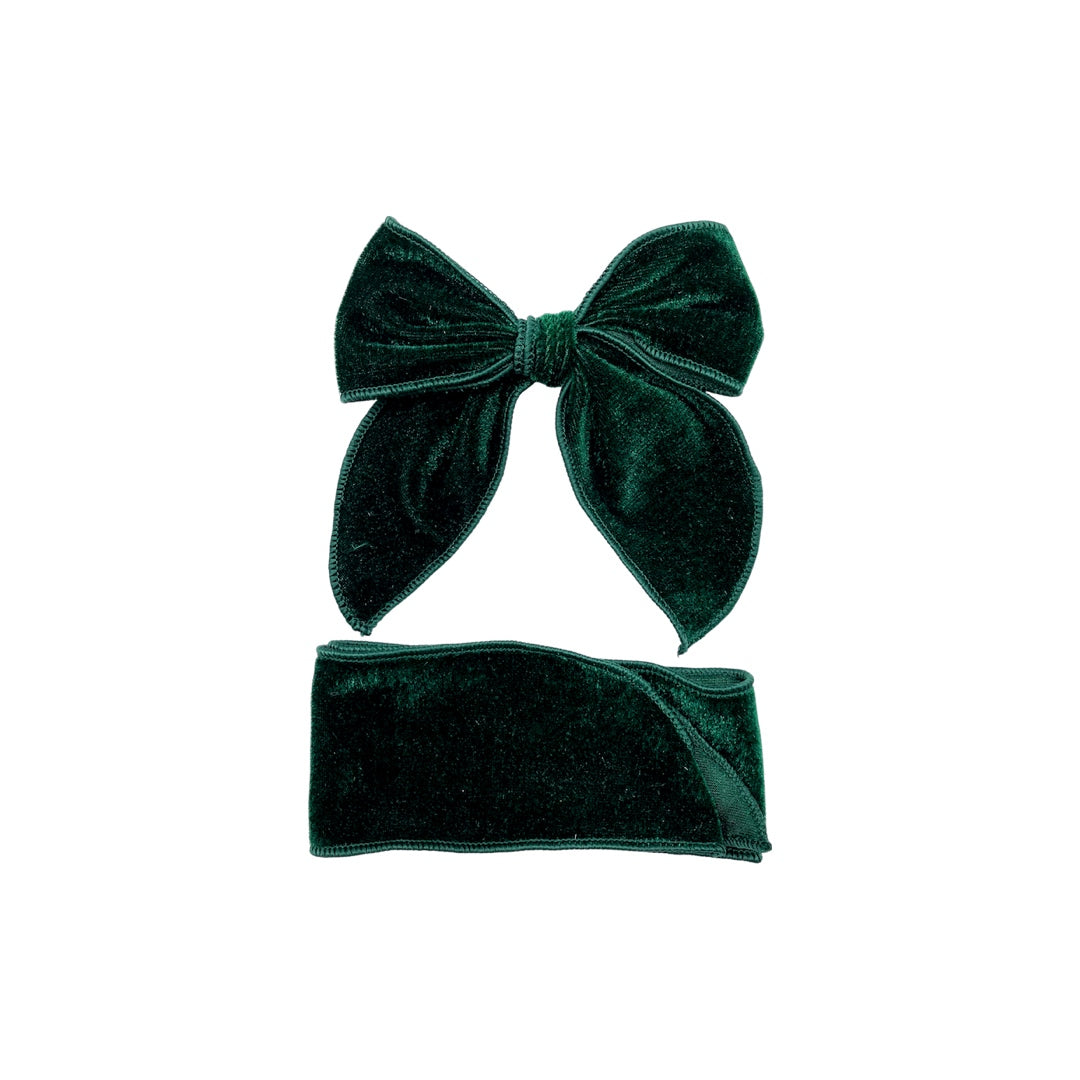 Dark Spruce green tied and untied isabelle style velvet bow strip.