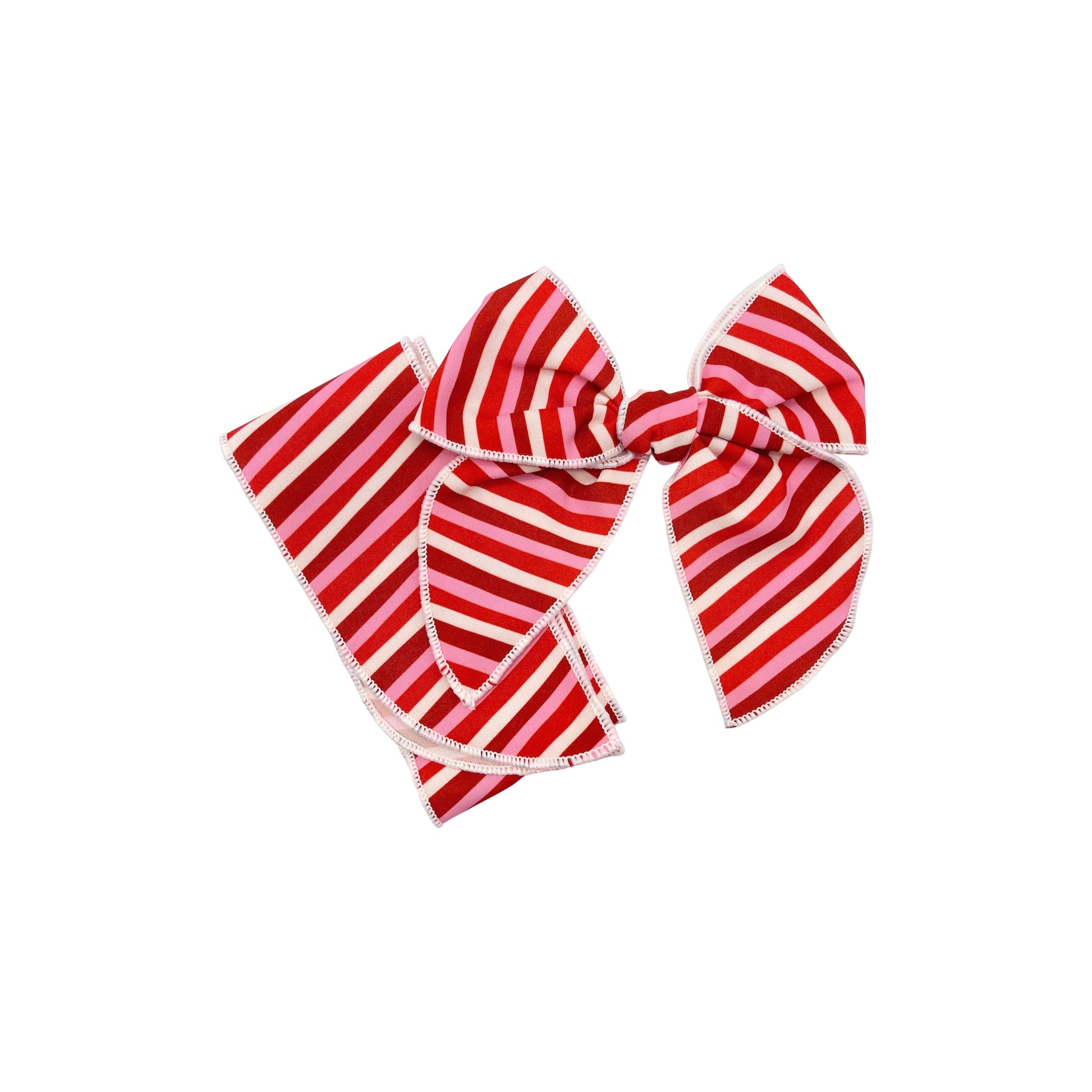 Tied and untied Isabelle style fabric bow strip with red and pink stripes pattern.