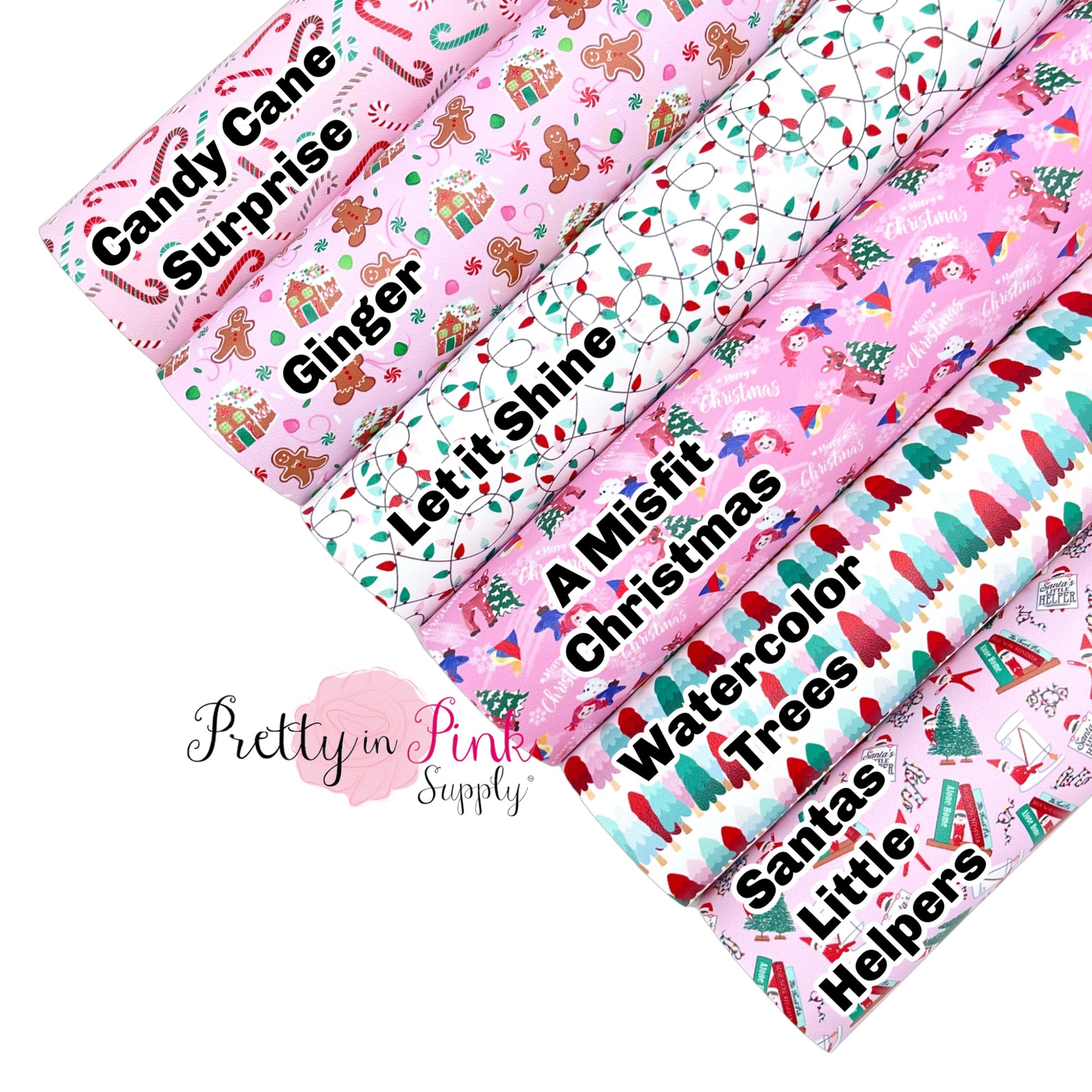 Labeled all available merry and bright Pink Christmas patterned faux leather sheets.