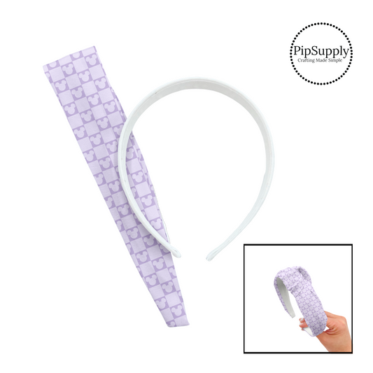 Light lavender tiles with darker lavender mouse cutouts checkered knotted headband