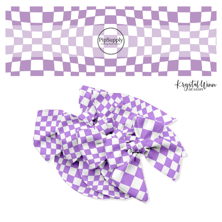 Wavy lavender and white checker hair bow strips