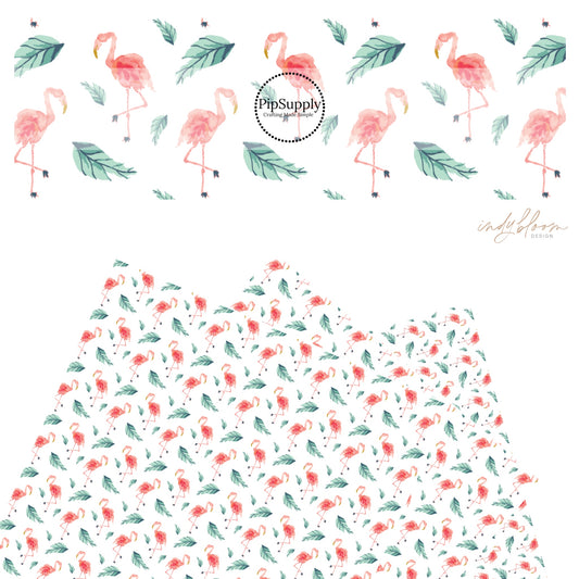 Pink flamingos with green palm leaves on white faux leather sheets