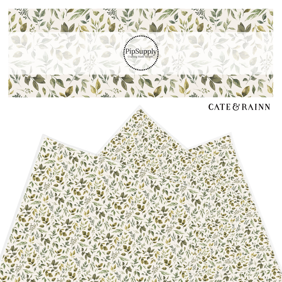 multi green leaves on cream faux leather sheet