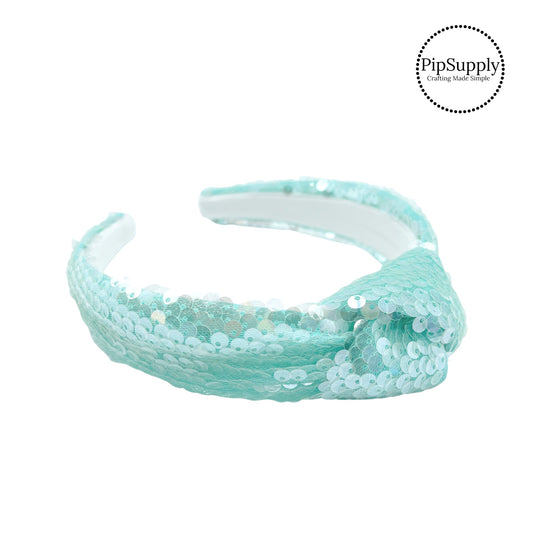 Clear sequins on light aqua sequin knotted headband