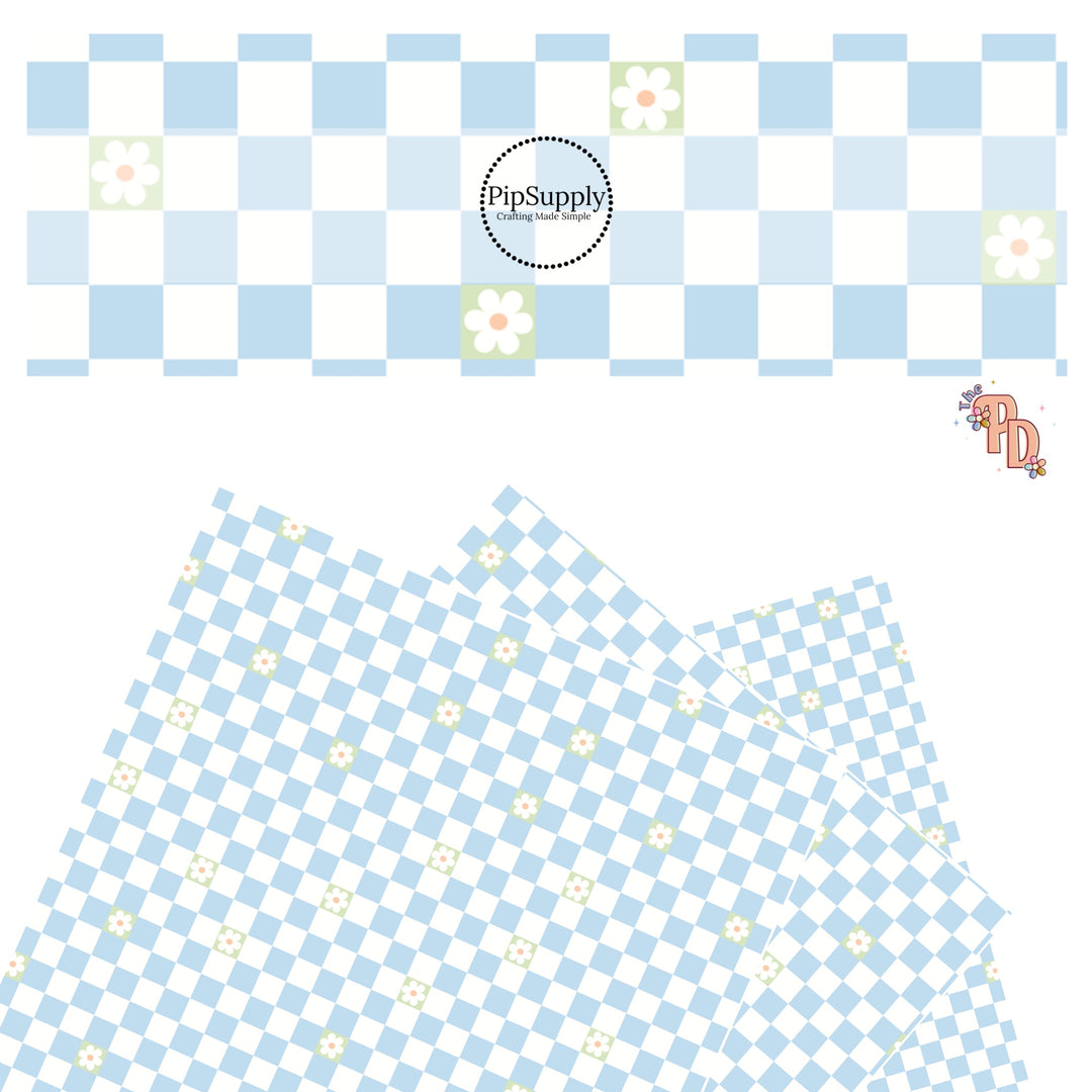 This baby blue and cream checkered background has tiny green daisy flowers on the faux leather sheet. 