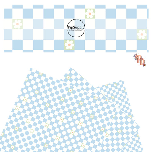 This baby blue and cream checkered background has tiny green daisy flowers on the faux leather sheet. 