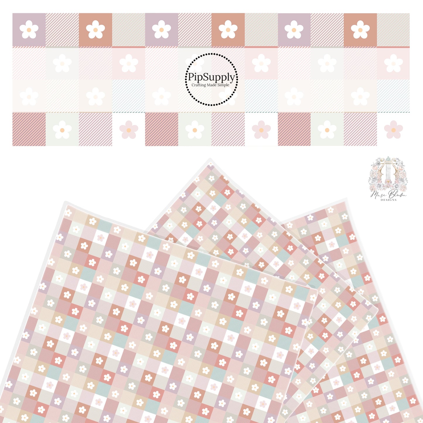pastel colored square grid pattern with daisies inside alternating squares faux leather sheet