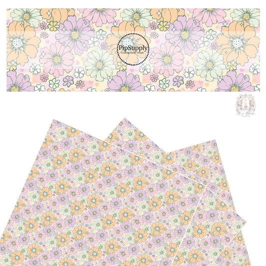 Light pink, purple, orange, and white flowers on a purple and cream checker board pattern faux leather sheet. 