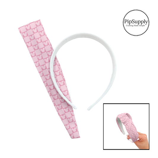 Light pink mouse head cutout on pink checkered knotted headband
