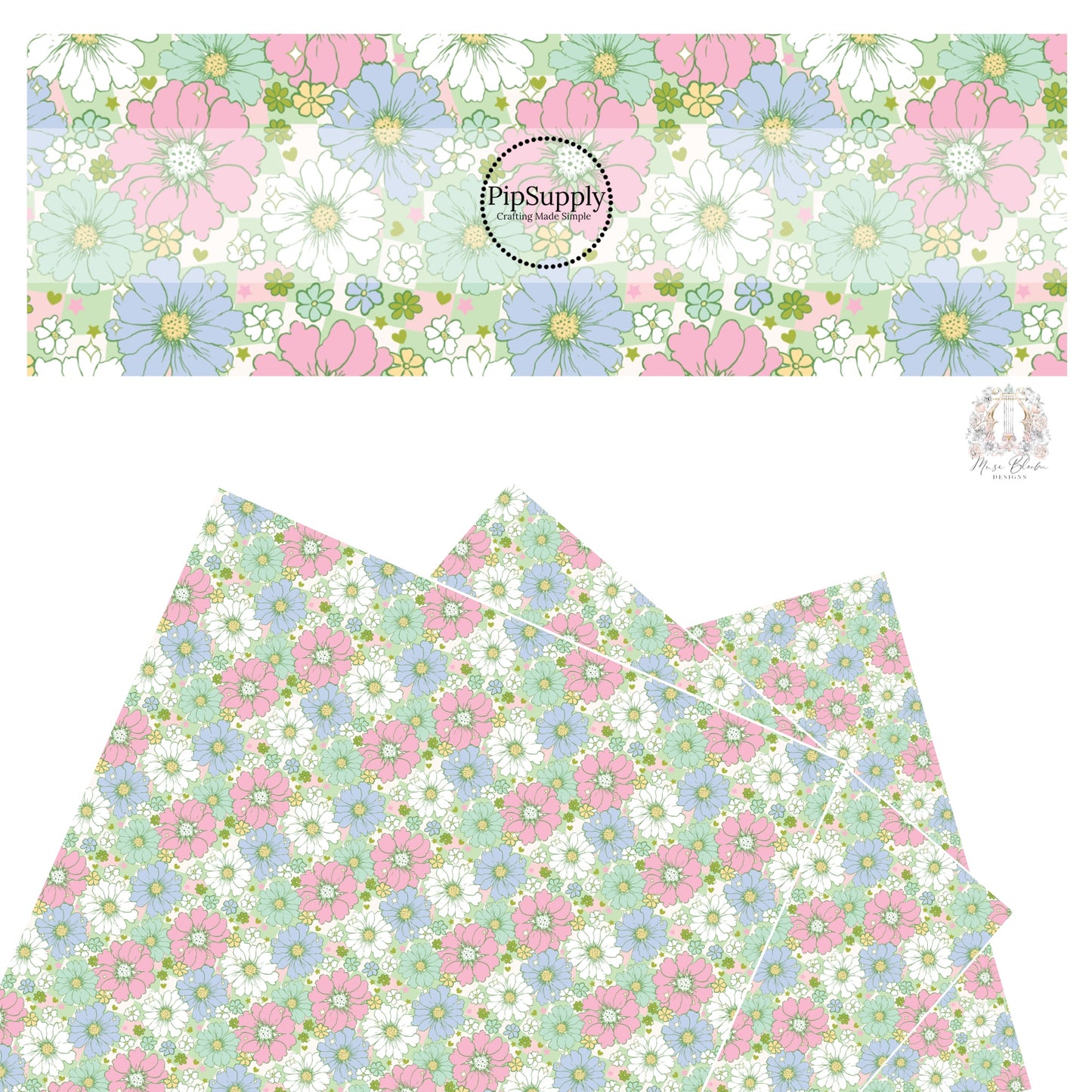 Light pink, green, blue, and white flowers of various sizes on a green and pink and cream checkered pattern faux leather sheet. 