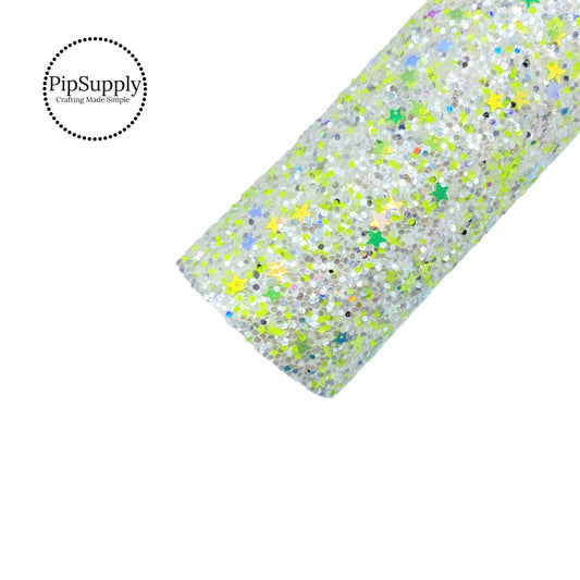 lime and silver fine glitter with green stars chunky glitter sheet