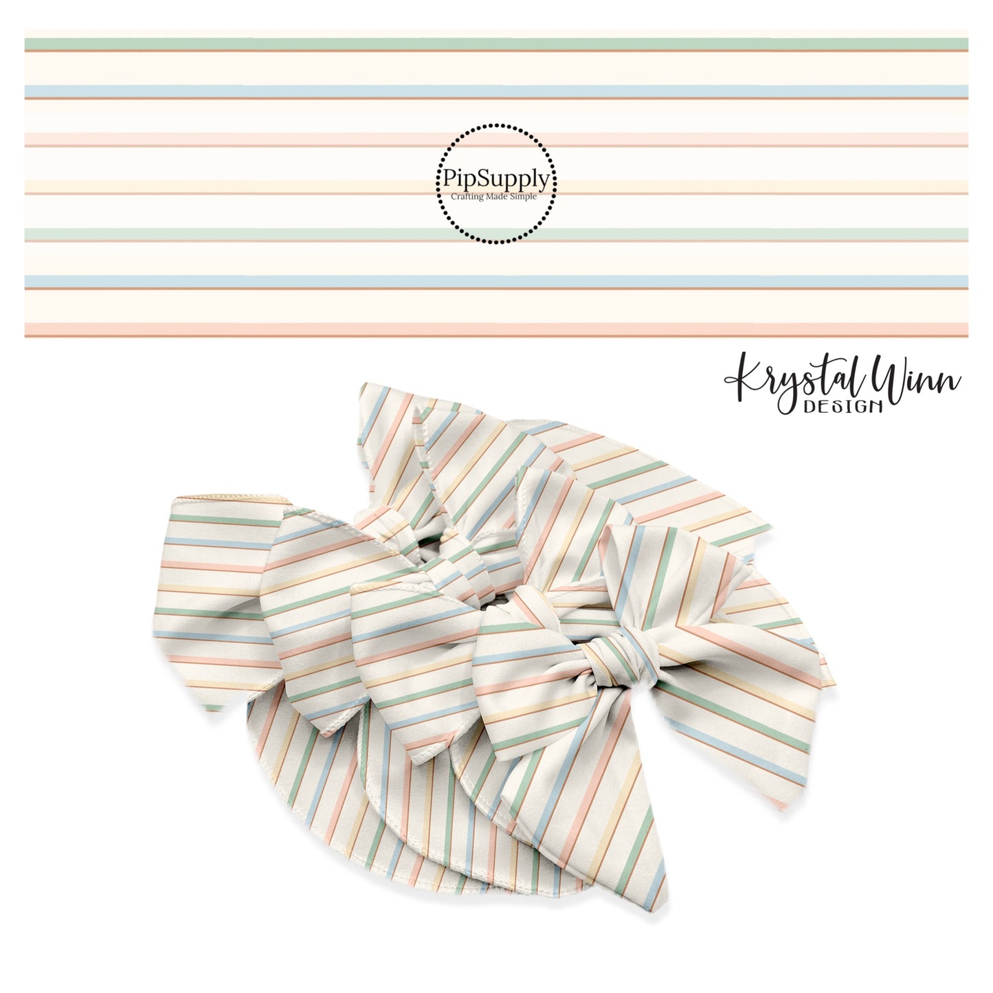 blue, green, yellow, and peach stripes on cream bow strips
