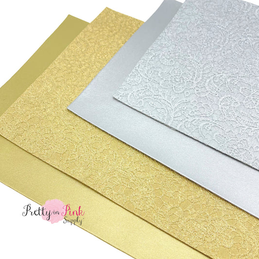 Gold and silver metallic faux leather sheets in embossed and smooth style.