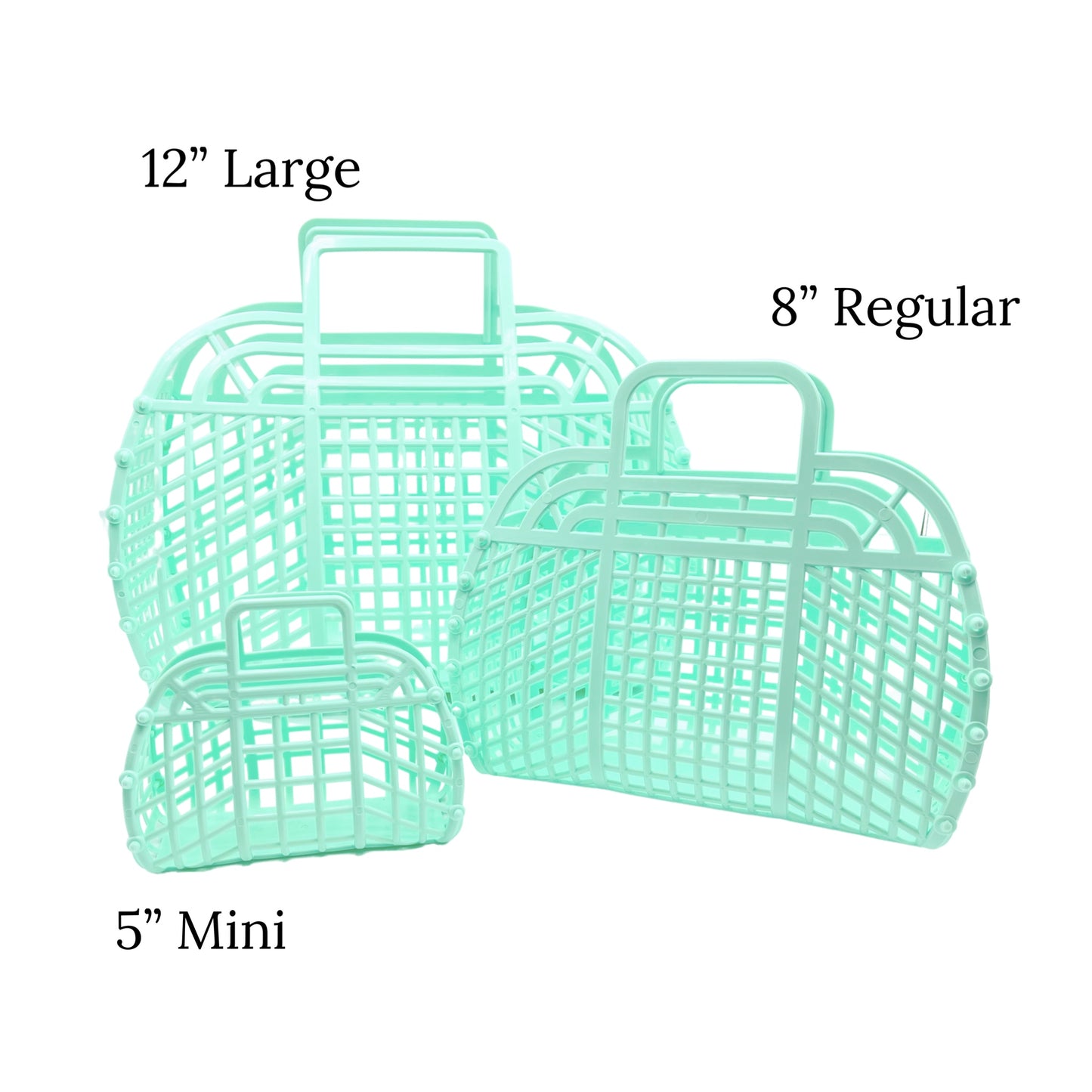 group picture of mint green jelly bags with sizes