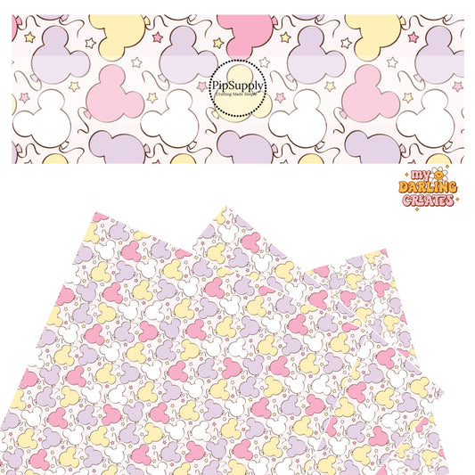 White, yellow, pink, and lavender pastel mouse head balloons with matching stars on cream faux leather sheet