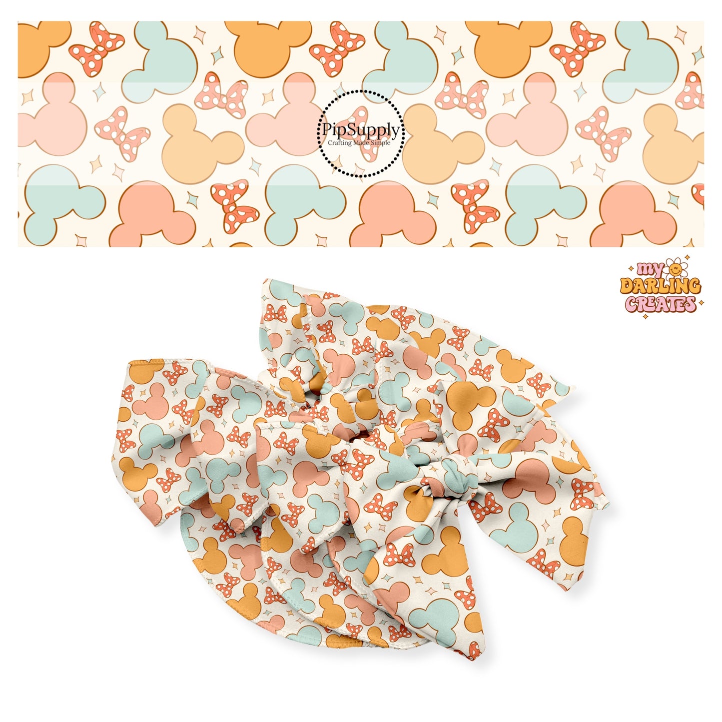 Orange, peach, and blue mouse heads with red polka dot hair bow with stars on cream bow strips