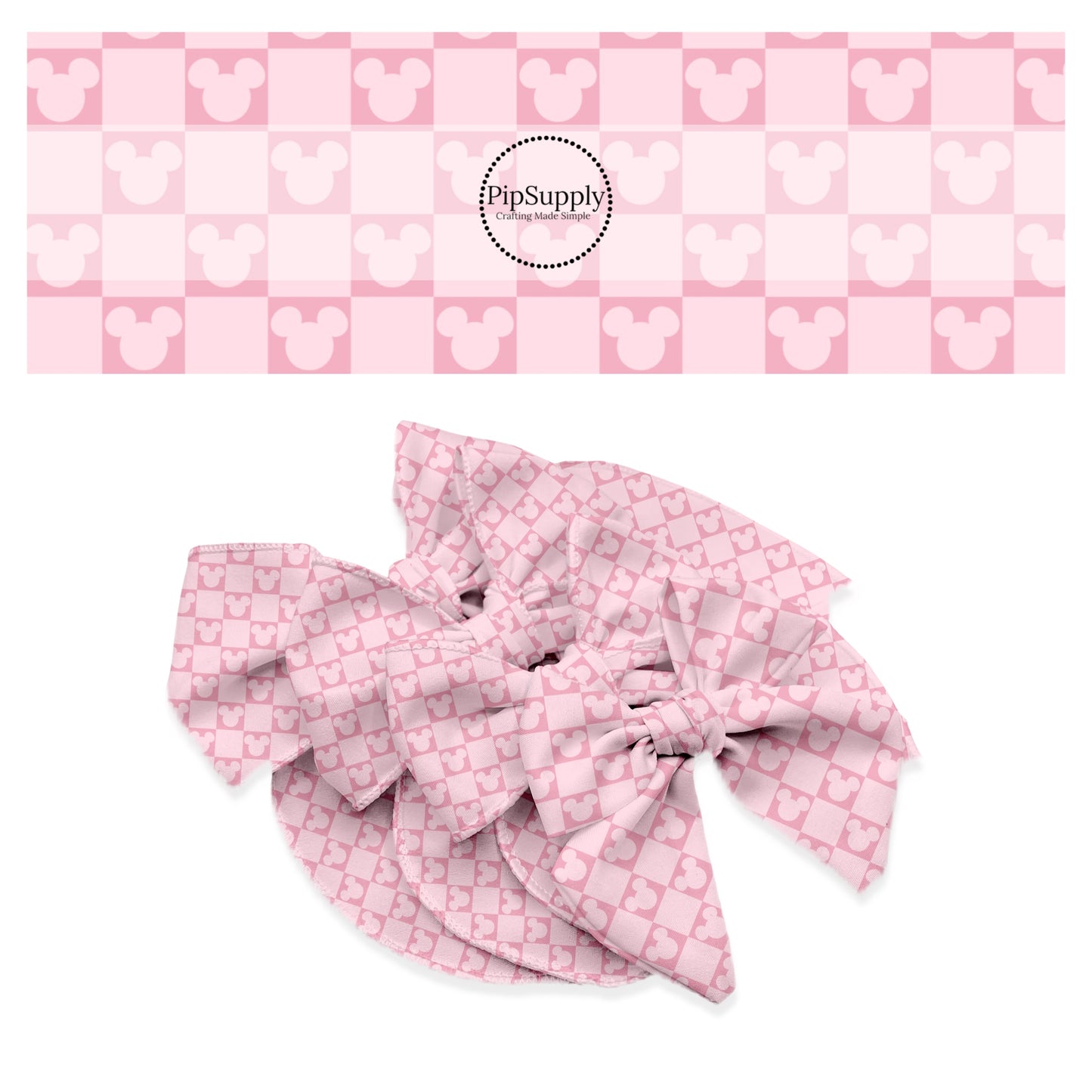 mouse cutout on pink and light pink checkered bow strips