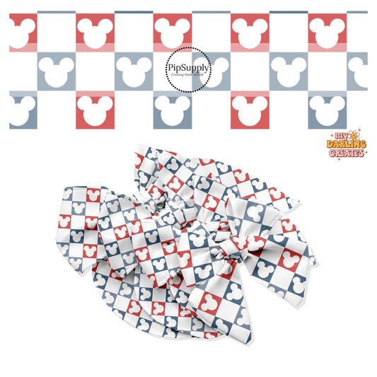 Red and blue mouse head cutout checker on white bow strips