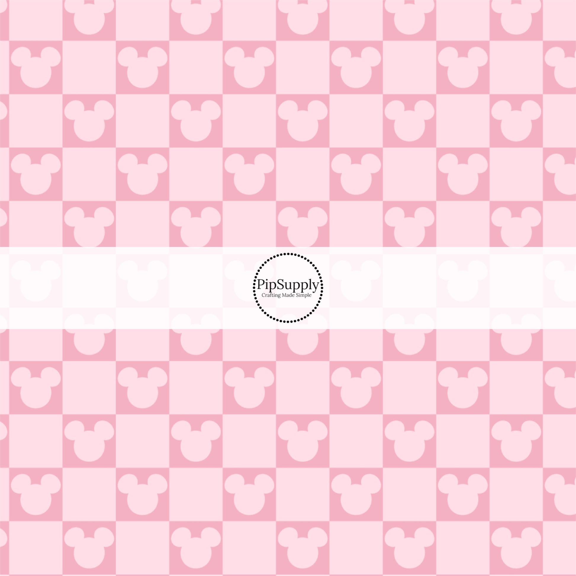 pink and light pink checkered fabric by the yard with mouse silhouettes