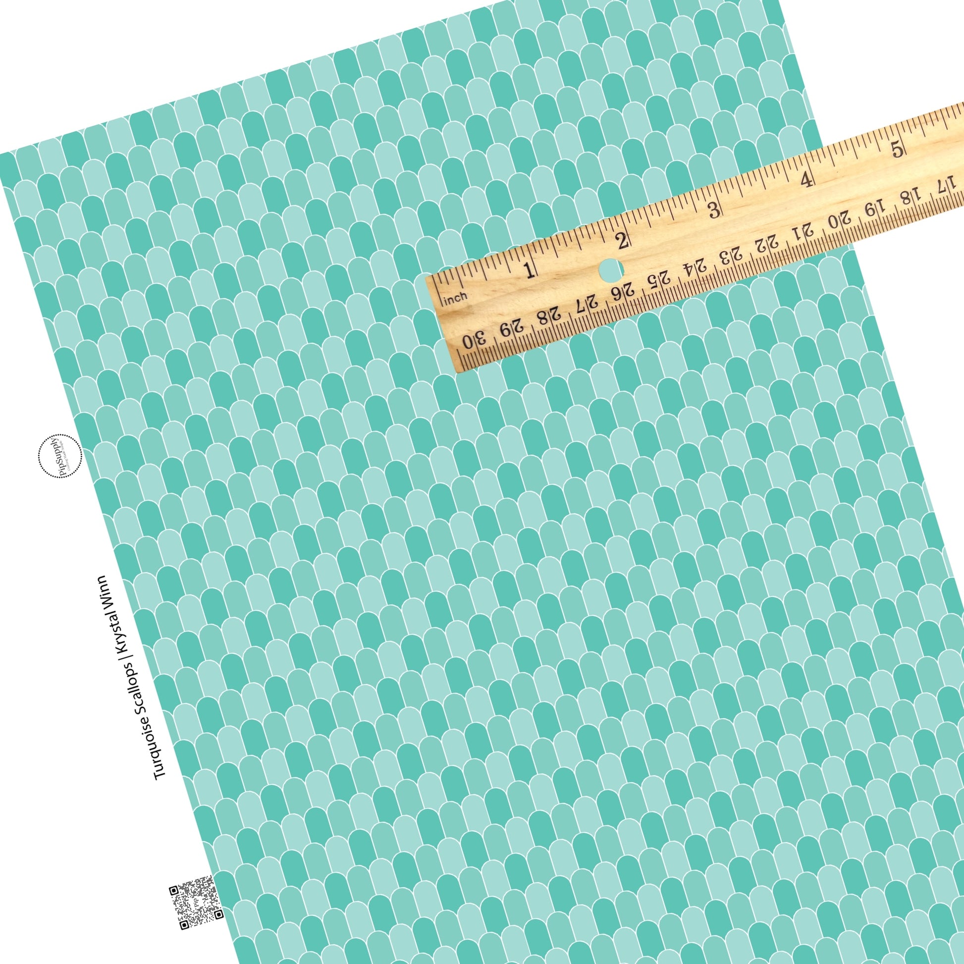 Repeating pattern of multi turquoise scallops with white outline faux leather sheets