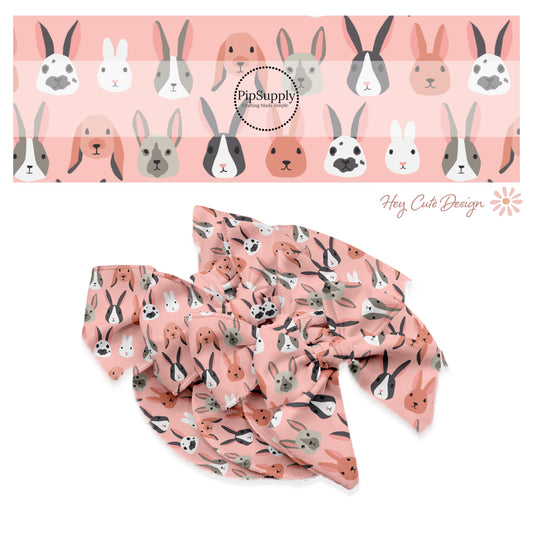 Pink, brown, black, and white bunnies on pink bow strips 