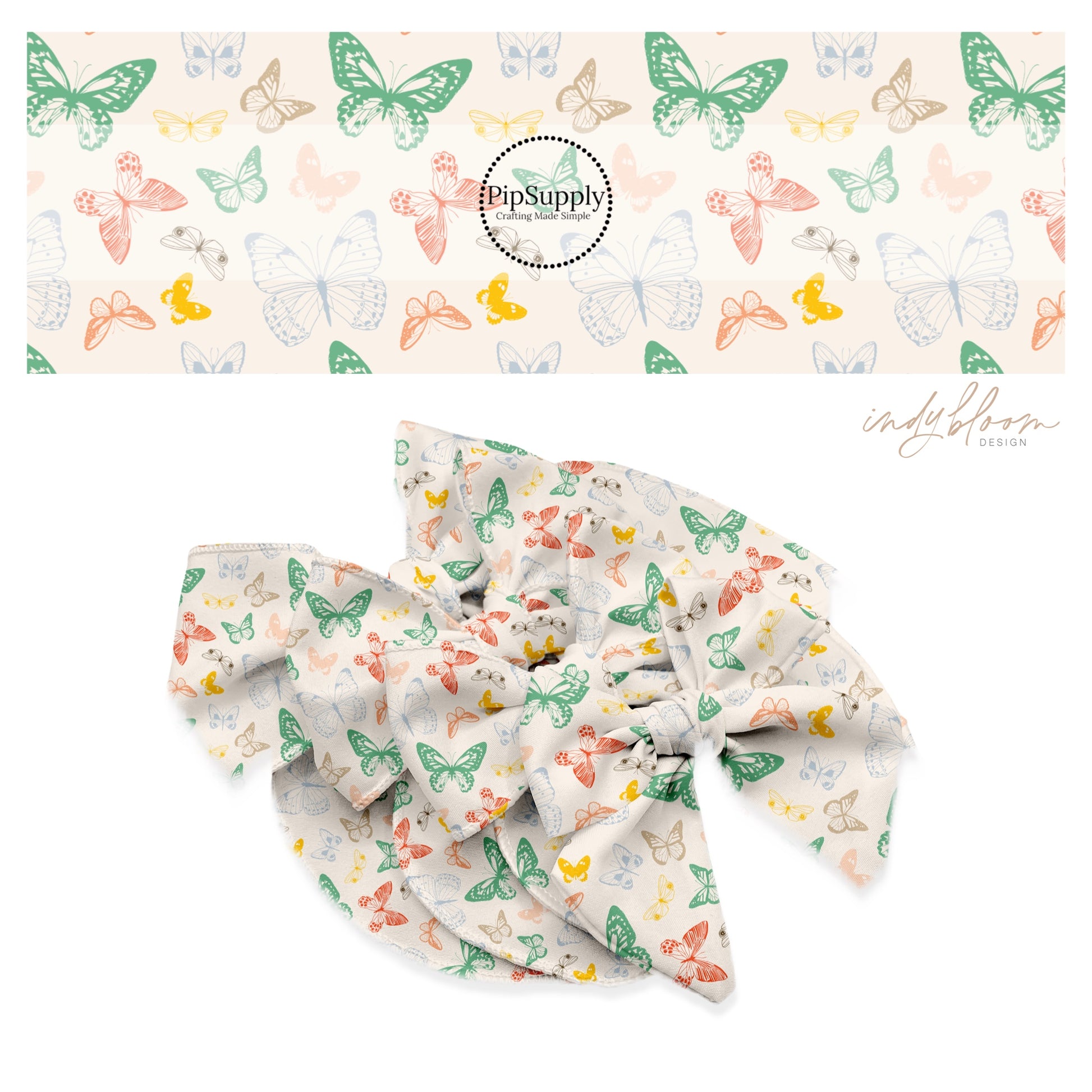 Green, red, blue, yellow, and tan flying butterflies on cream bow strips
