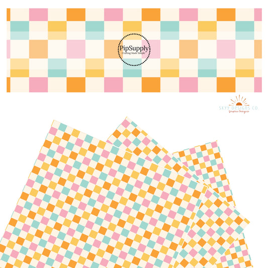Orange, blue, yellow, and pink checker faux leather sheets