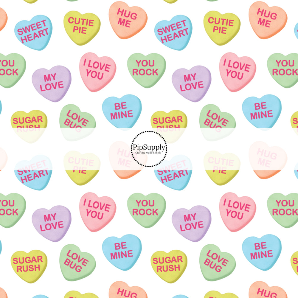 multi pastel candy hearts with words on them on white no sew bow strips