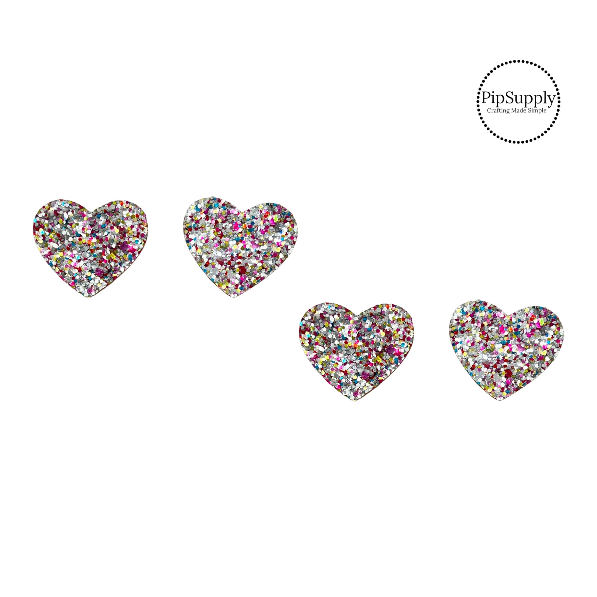 multi colored chunky glitter on a one inch heart embellishment with felt backing