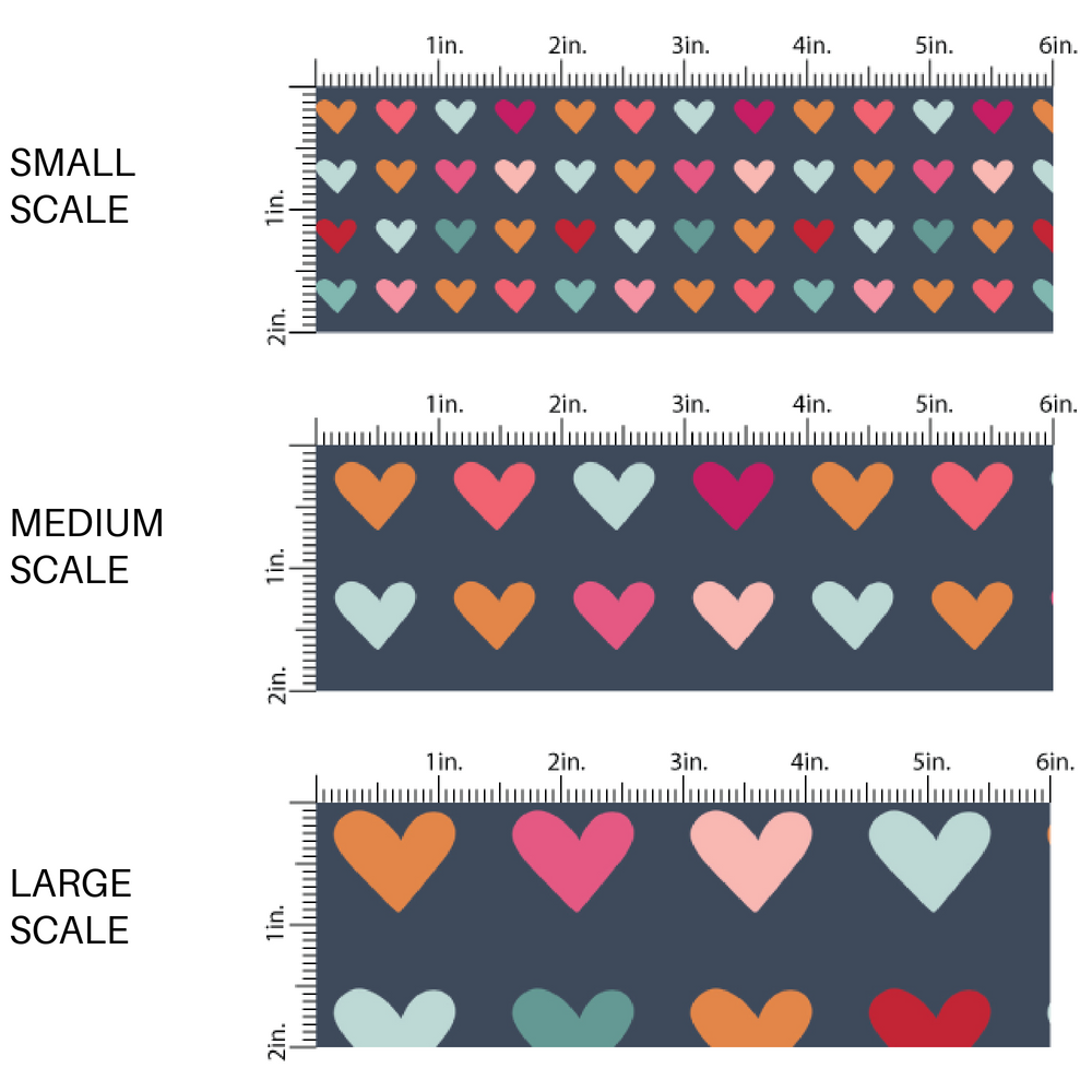 Navy blue fabric by the yard scaled image guide with pink, orange, and blue hearts