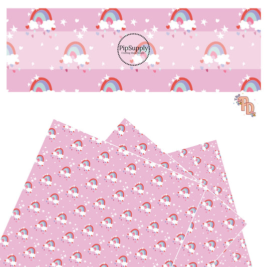 Colorful rainbows and hearts in red, mint, lavender, and pink are surrounded by white hearts and white stars on pink faux leather sheet. 