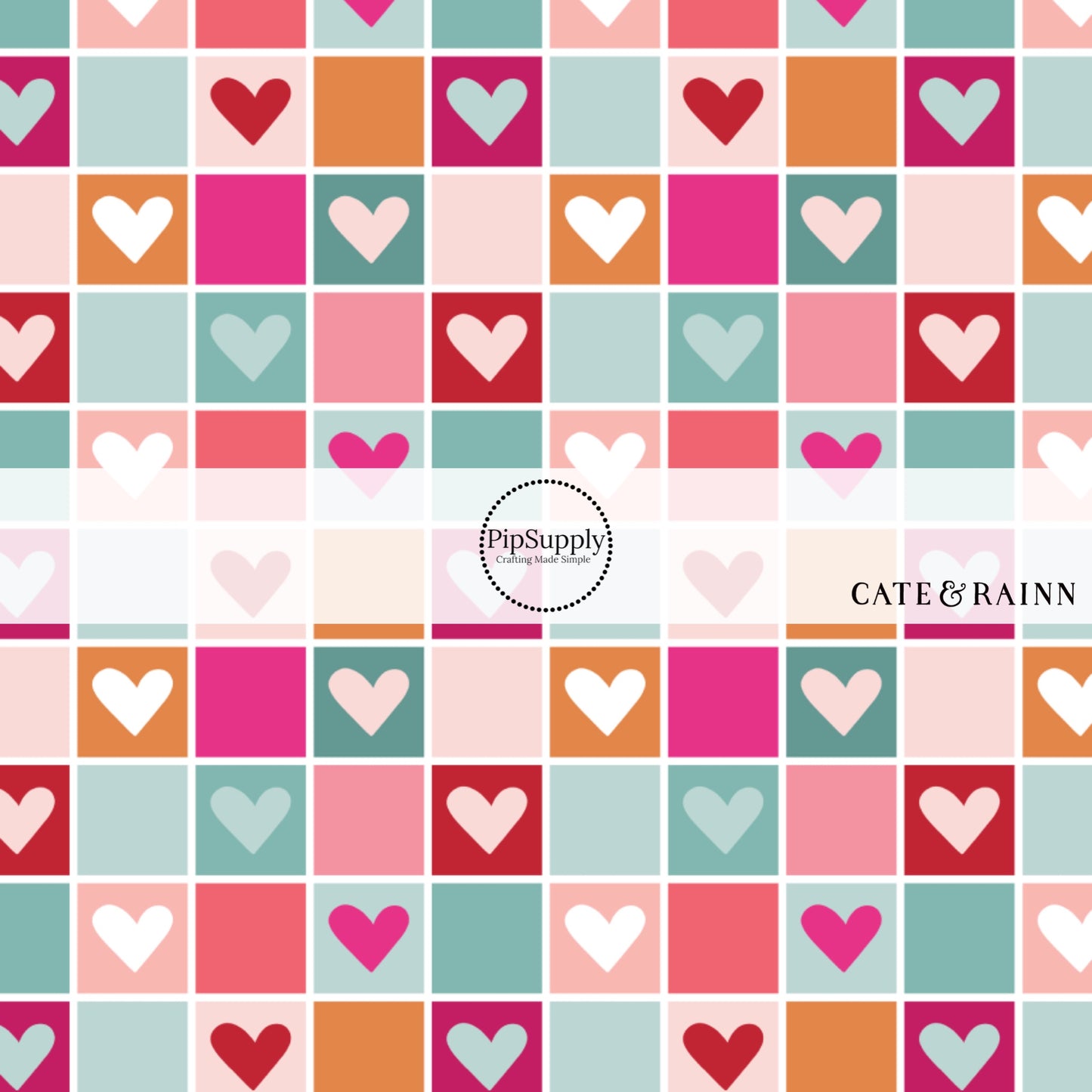 Multi-colored pink, orange, and blue checkered print with hearts fabric by the yard