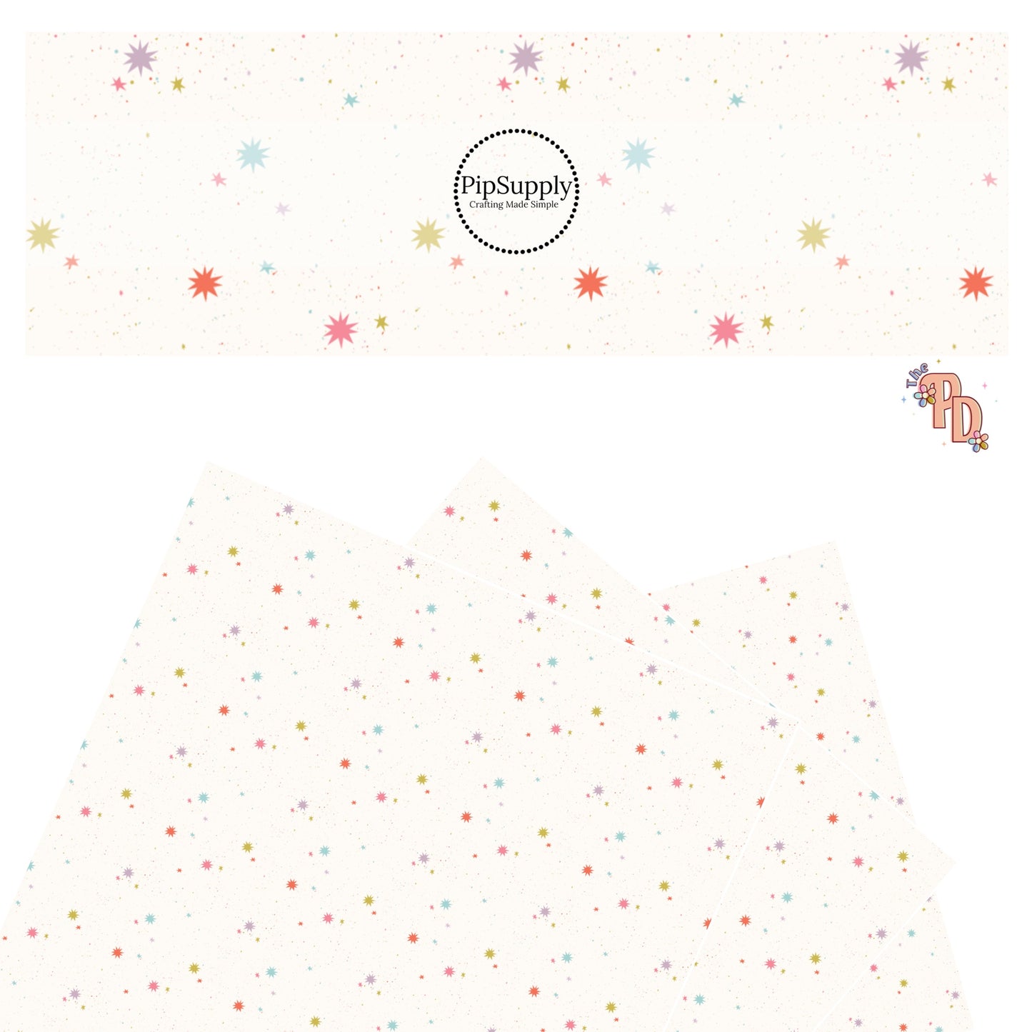Little stars and speckles that are pink, purple, coral, blue, and olive are placed on a cream faux leather sheet.