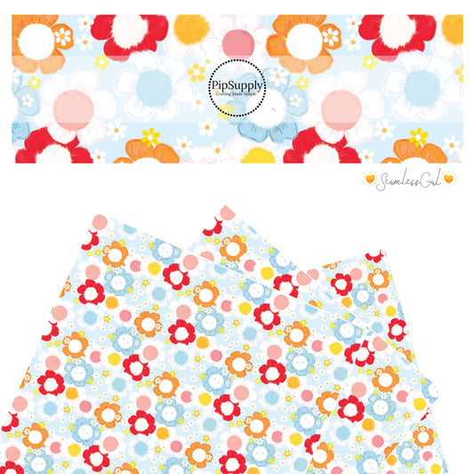 Tiny white and yellow flowers with big orange, red, white, and blue flowers on blue faux leather sheets