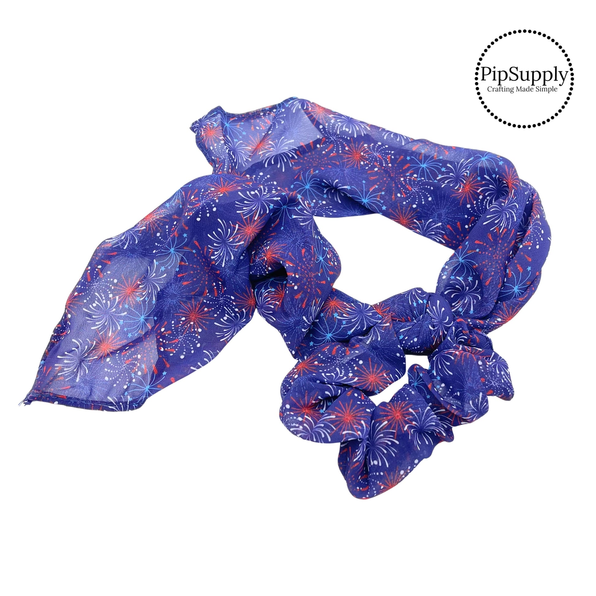 Red white and blue multi fireworks on navy blue scarf scrunchie