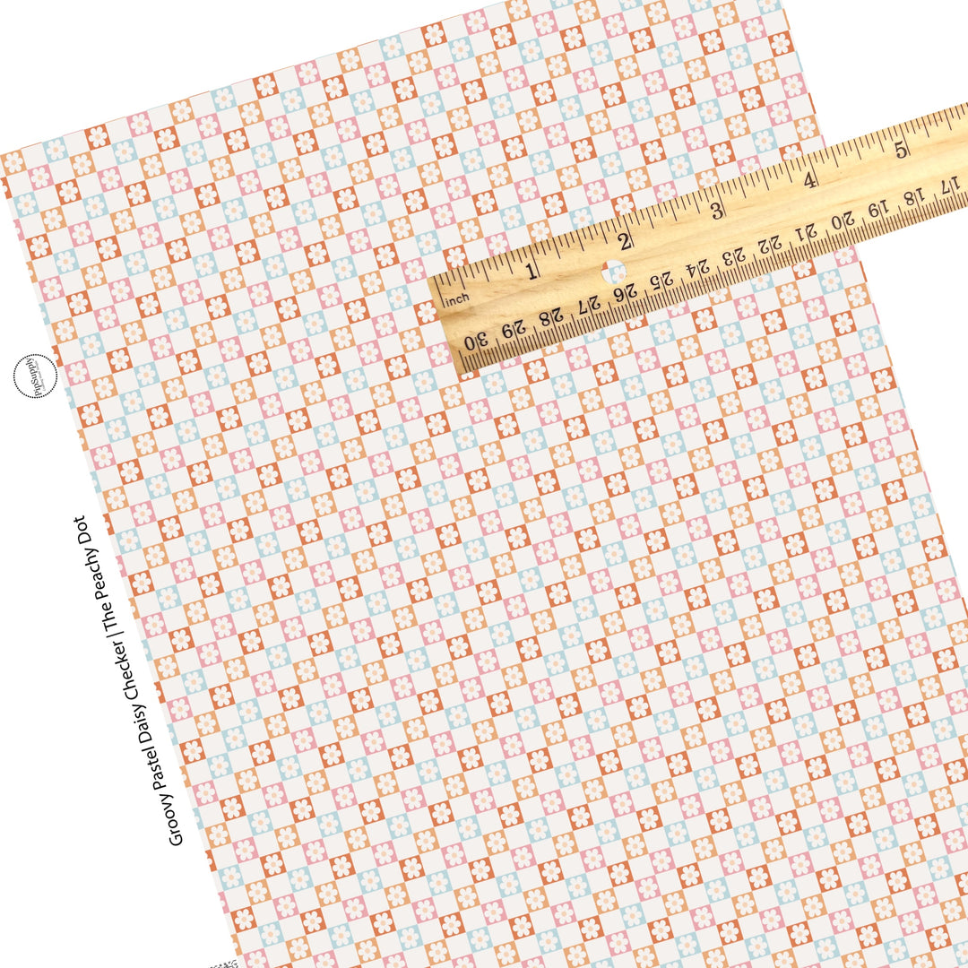 blue, pink, and peach checker with white flowers faux leather sheets