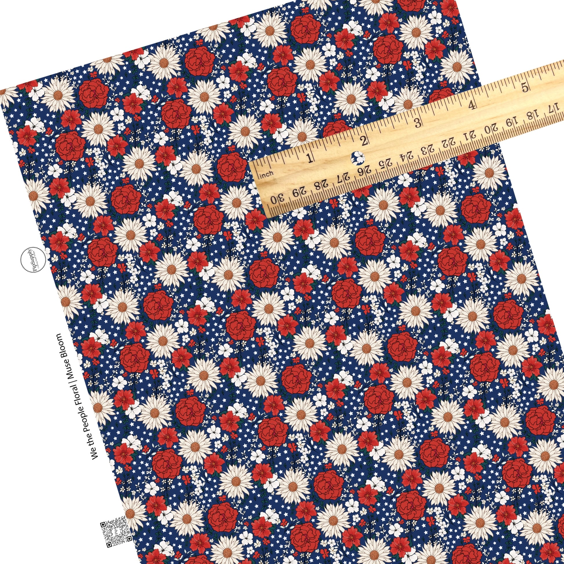 Multi white and red flowers with stars on navy faux leather sheets