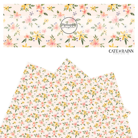 Pink, yellow, and white flowers on light pink faux leather sheet