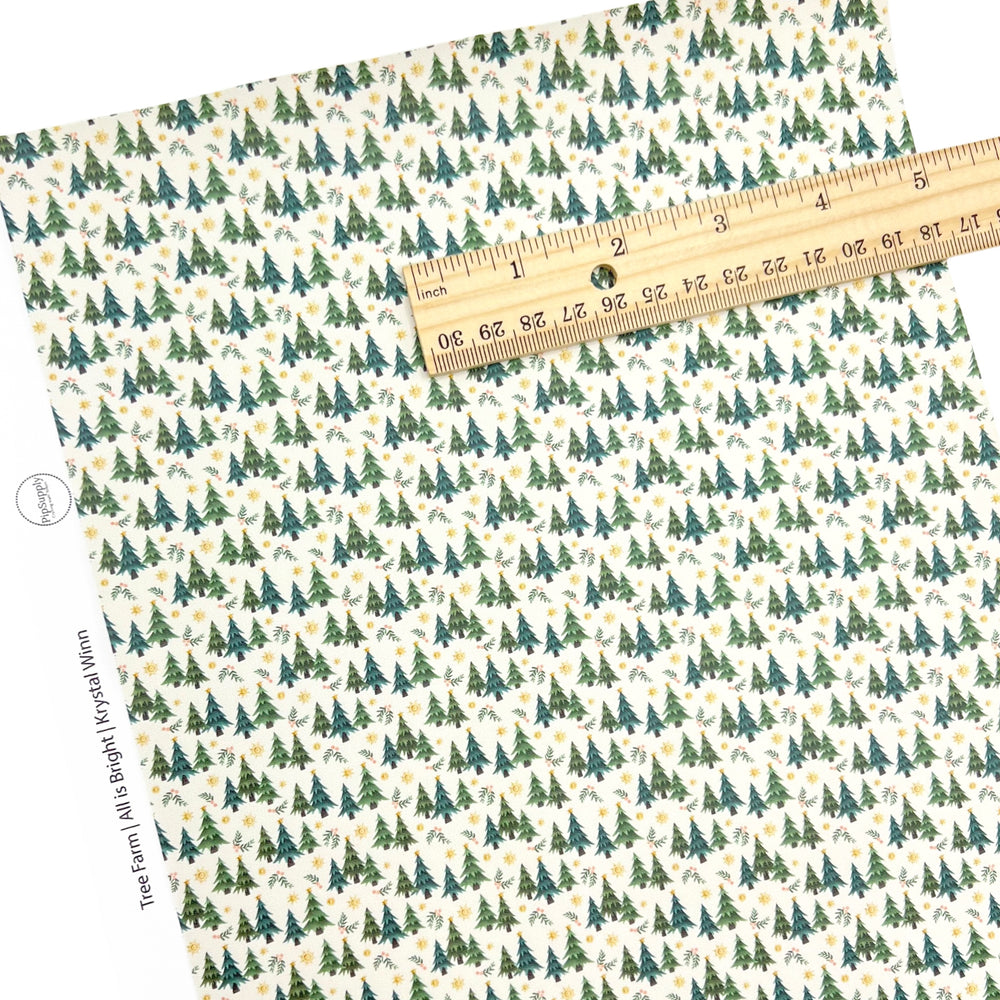 multi green christmas trees on cream background faux leather sheet