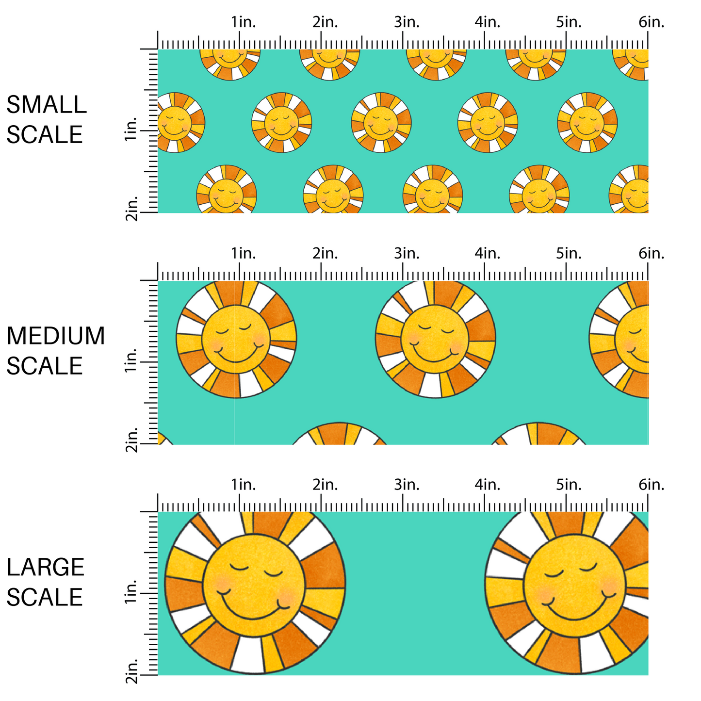 Happy multi suns on turquoise fabric scaling image