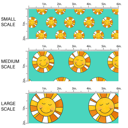 Happy multi suns on turquoise fabric scaling image