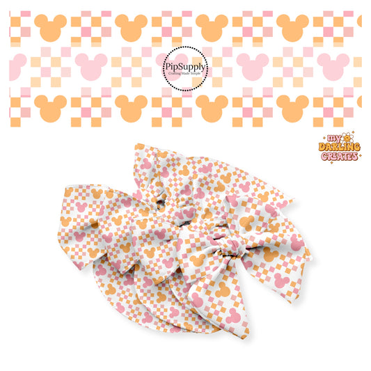 Light pink and orange mouse heads with checker patches on white bow strips