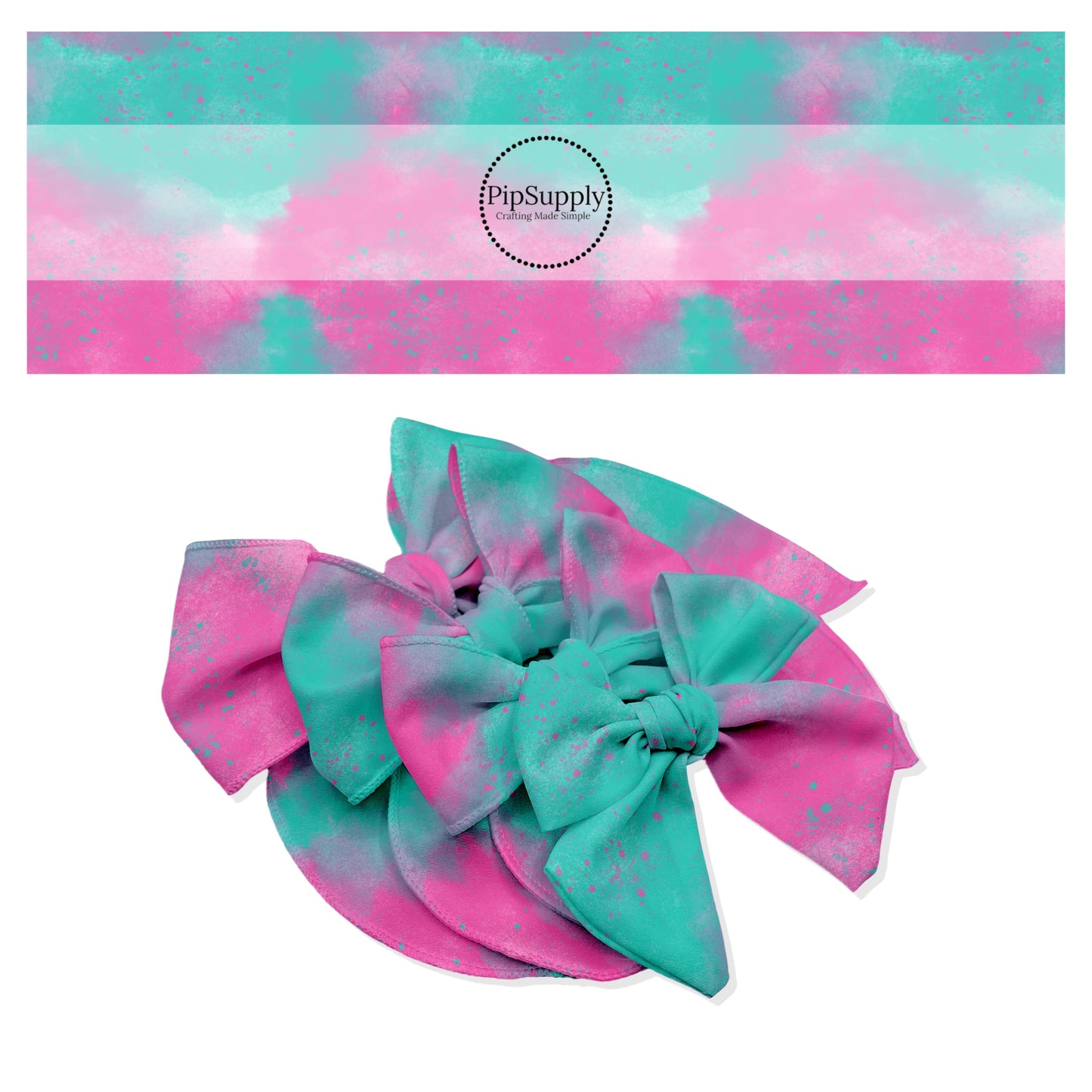 Paint splatter dots on pink and teal tie dye bow strips