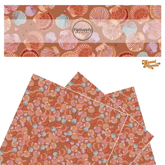 Copper, blue, and pink scalloped seashells and stars on copper faux leather sheets
