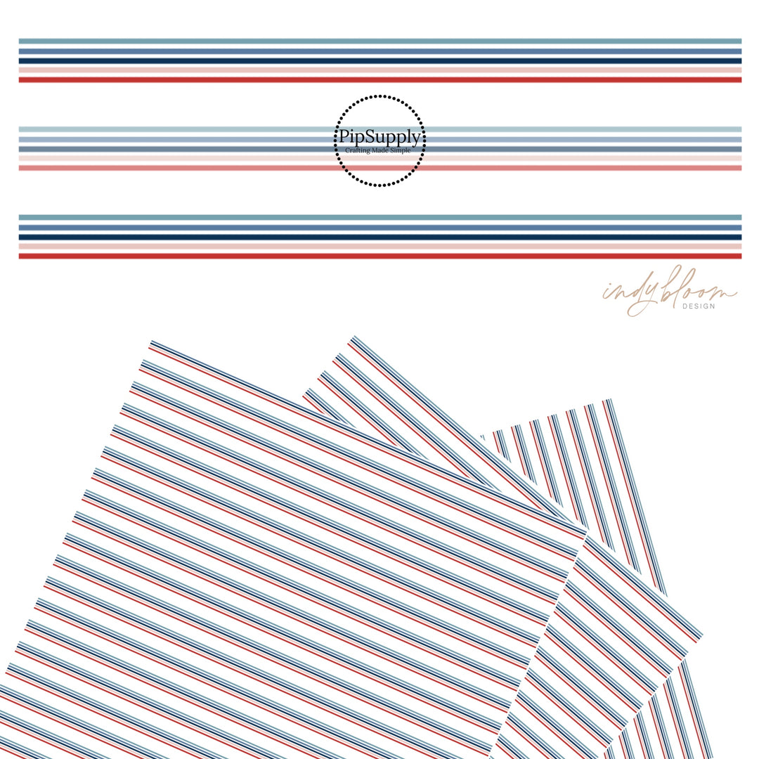 Thin navy, light blue, pink, and red stripes on white faux leather sheets