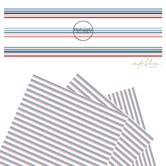 Thin navy, light blue, pink, and red stripes on white faux leather sheets