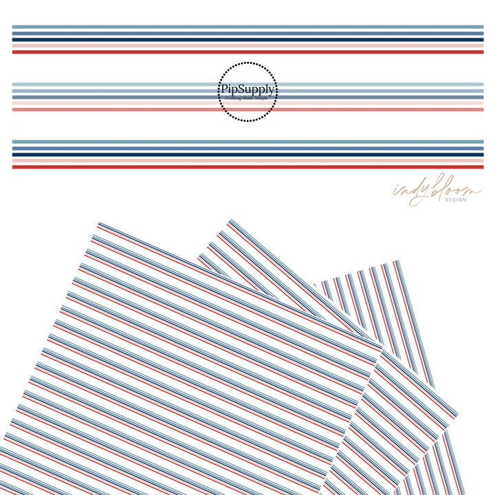 Thin navy, light blue, pink, and red stripes on white faux leather sheets