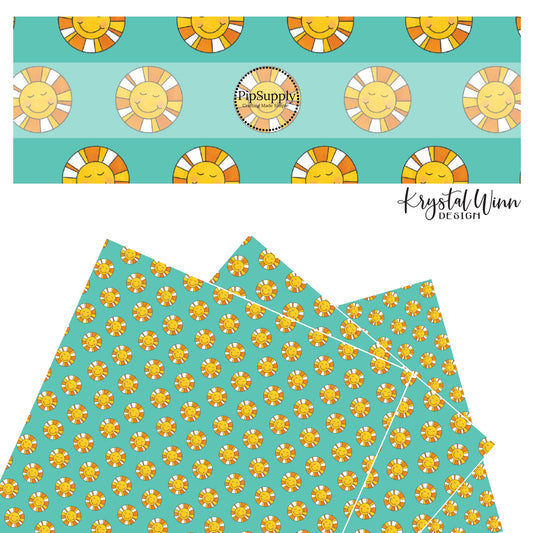 Golden and white smiley face sunshines on turquoise faux leather sheets